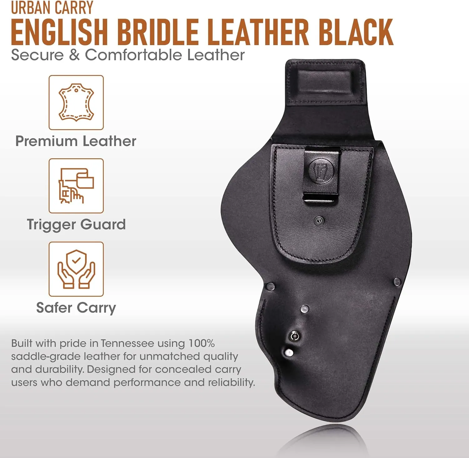 Urban Carry LockLeather G3 Gun Holster – Black | Leather/Polymer Hybrid Design with Secure 2" Clip | Fits 1911, Glock, Sig Sauer, Beretta, Smith & Wesson, Springfield & More