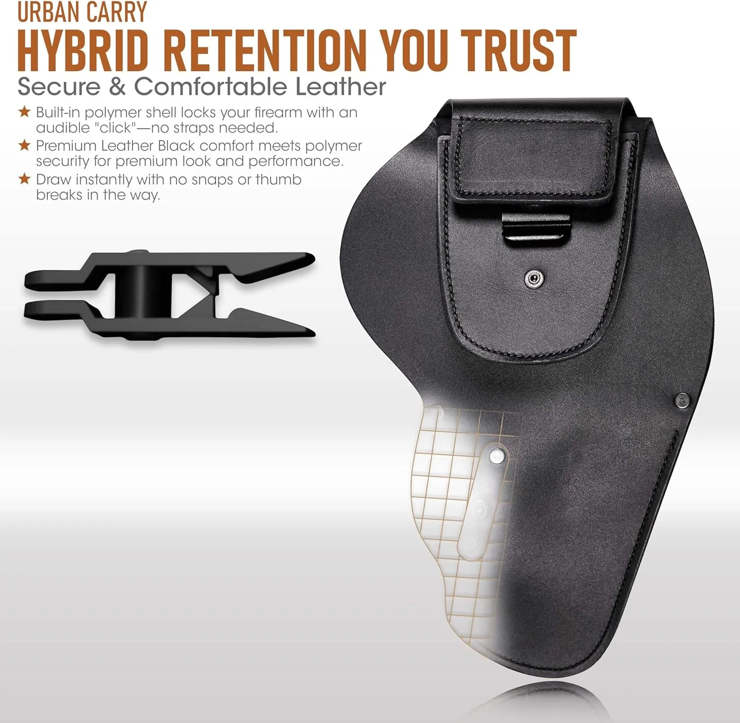 Urban Carry LockLeather G3 Gun Holster – Black | Leather/Polymer Hybrid Design with Secure 2" Clip | Fits 1911, Glock, Sig Sauer, Beretta, Smith & Wesson, Springfield & More