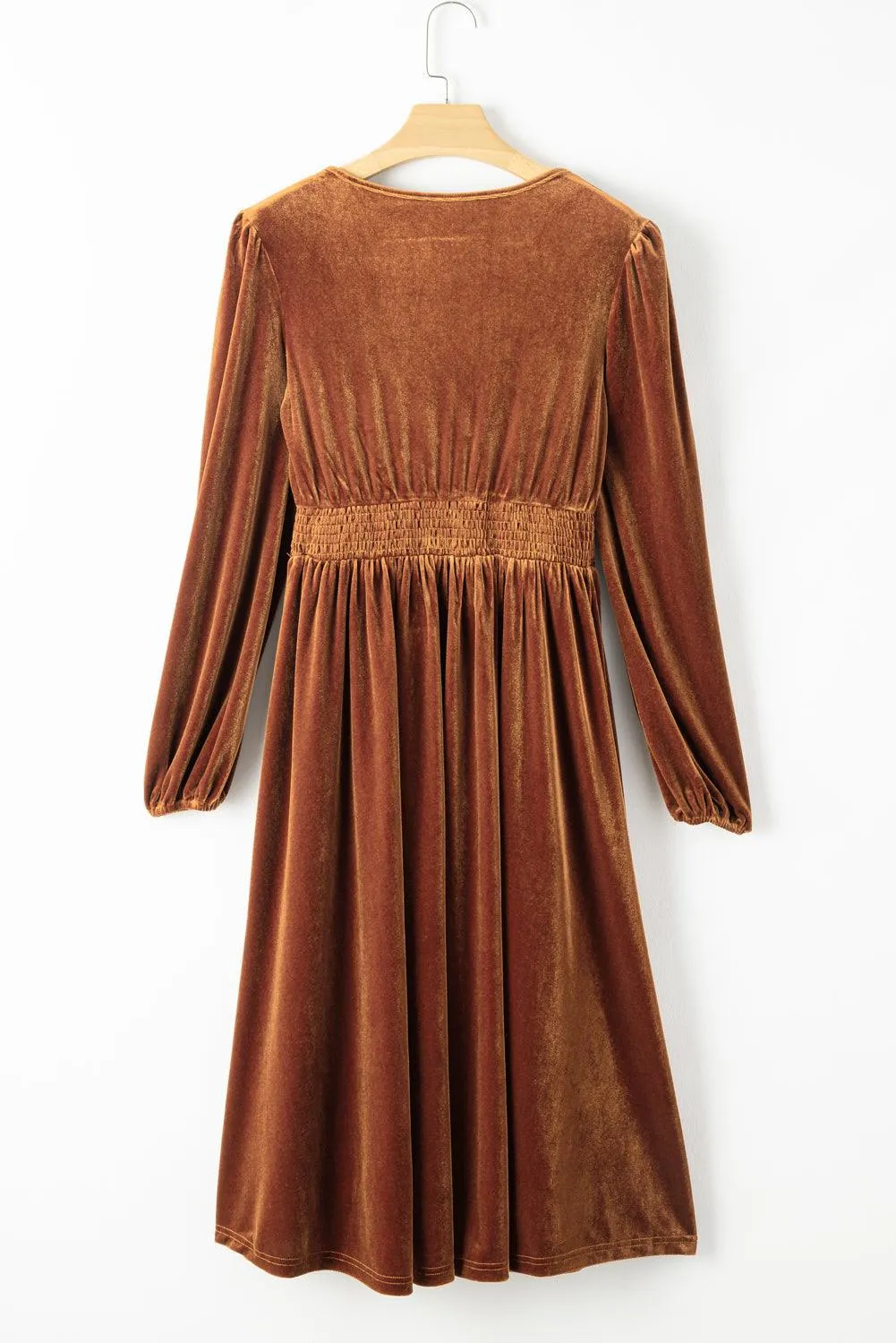 V Neck Smocked Velvet Midi Wrap Dress
