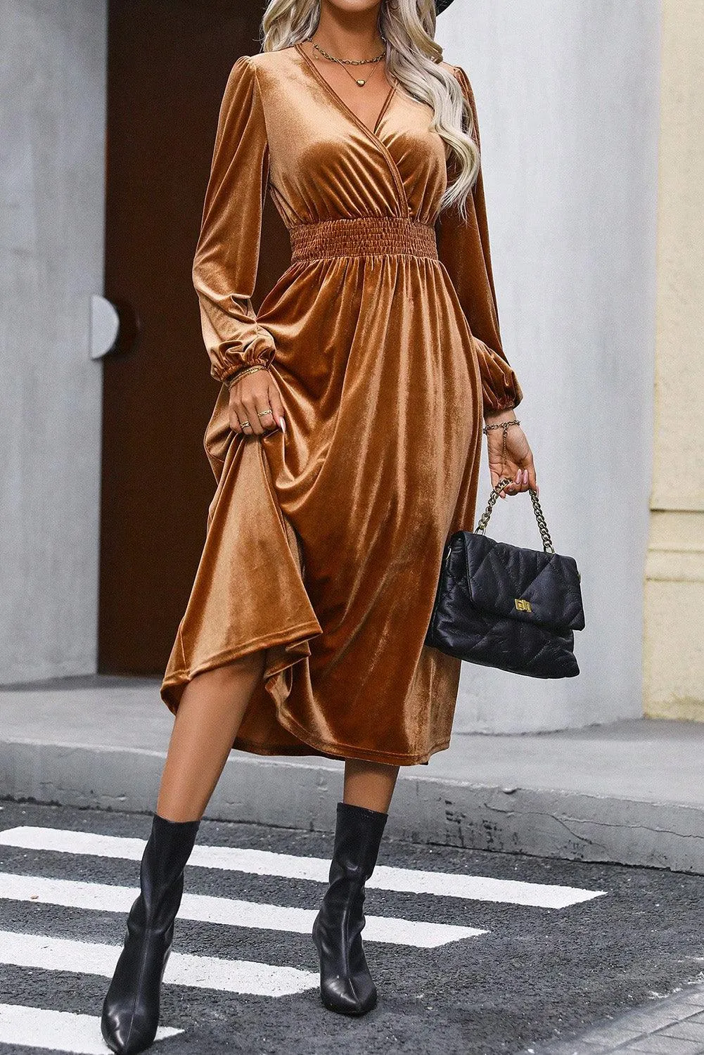 V Neck Smocked Velvet Midi Wrap Dress