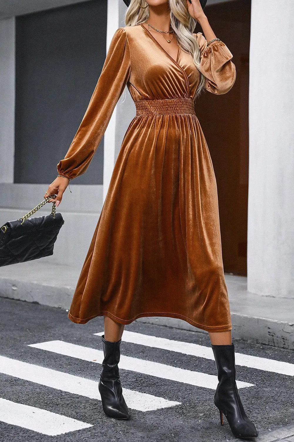 V Neck Smocked Velvet Midi Wrap Dress