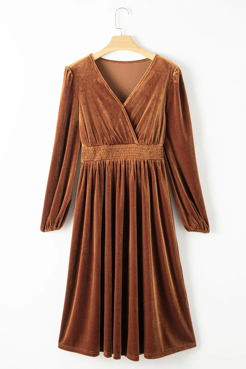 V Neck Smocked Velvet Midi Wrap Dress