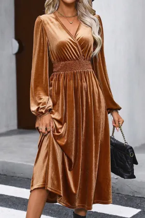 V Neck Smocked Velvet Midi Wrap Dress
