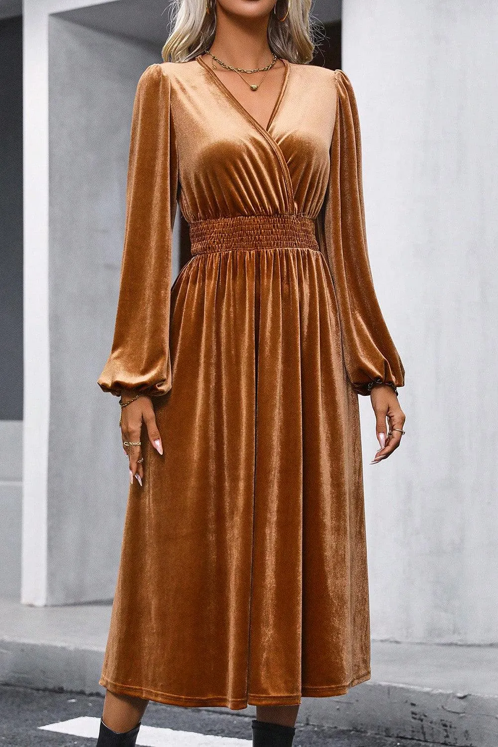 V Neck Smocked Velvet Midi Wrap Dress