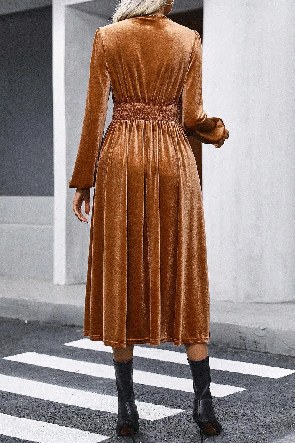 V Neck Smocked Velvet Midi Wrap Dress