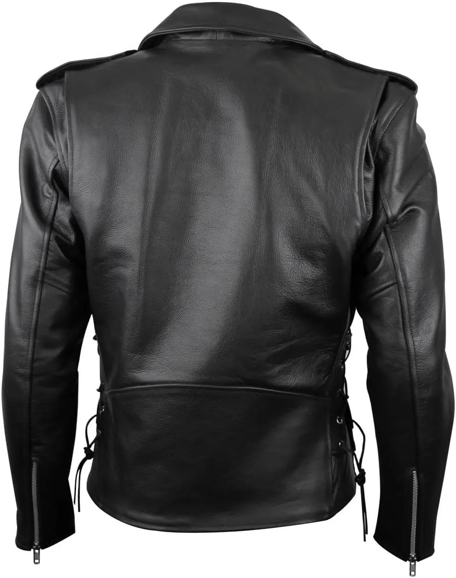 Vance Leather Mens Premium Cowhide Conceal Carry Insulated Liner Side Laces Classic MC Motorcycle Biker Black Leather Jacket