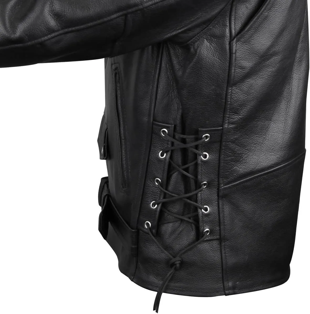 Vance Leather Mens Premium Cowhide Conceal Carry Insulated Liner Side Laces Classic MC Motorcycle Biker Black Leather Jacket