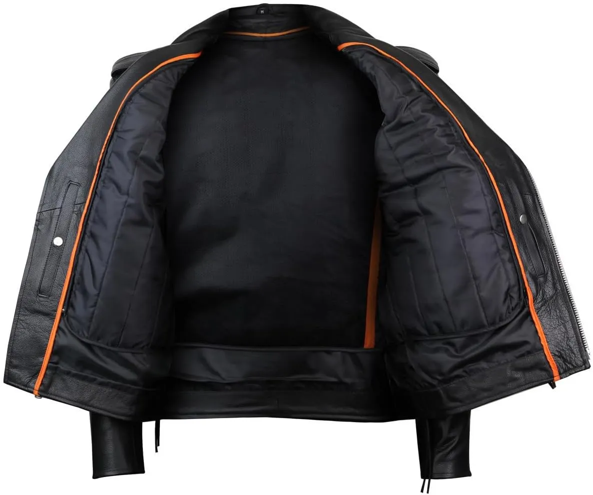 Vance Leather Mens Premium Cowhide Conceal Carry Insulated Liner Side Laces Classic MC Motorcycle Biker Black Leather Jacket