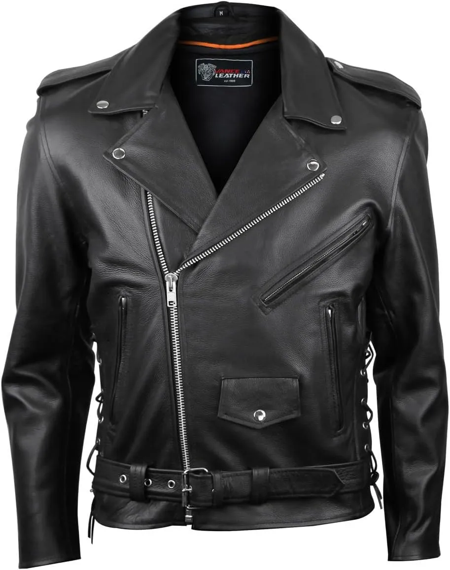 Vance Leather Mens Premium Cowhide Conceal Carry Insulated Liner Side Laces Classic MC Motorcycle Biker Black Leather Jacket