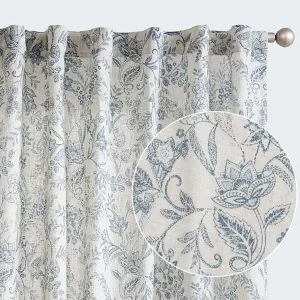 Vangao Blue Floral Linen Blend Curtains for Living Room 84 Inches Long Farmhouse Curtains for Bedroom Vintage Print on Beige Light Filtering Window Drapes Back Tab Rod Pocket 2 Panels