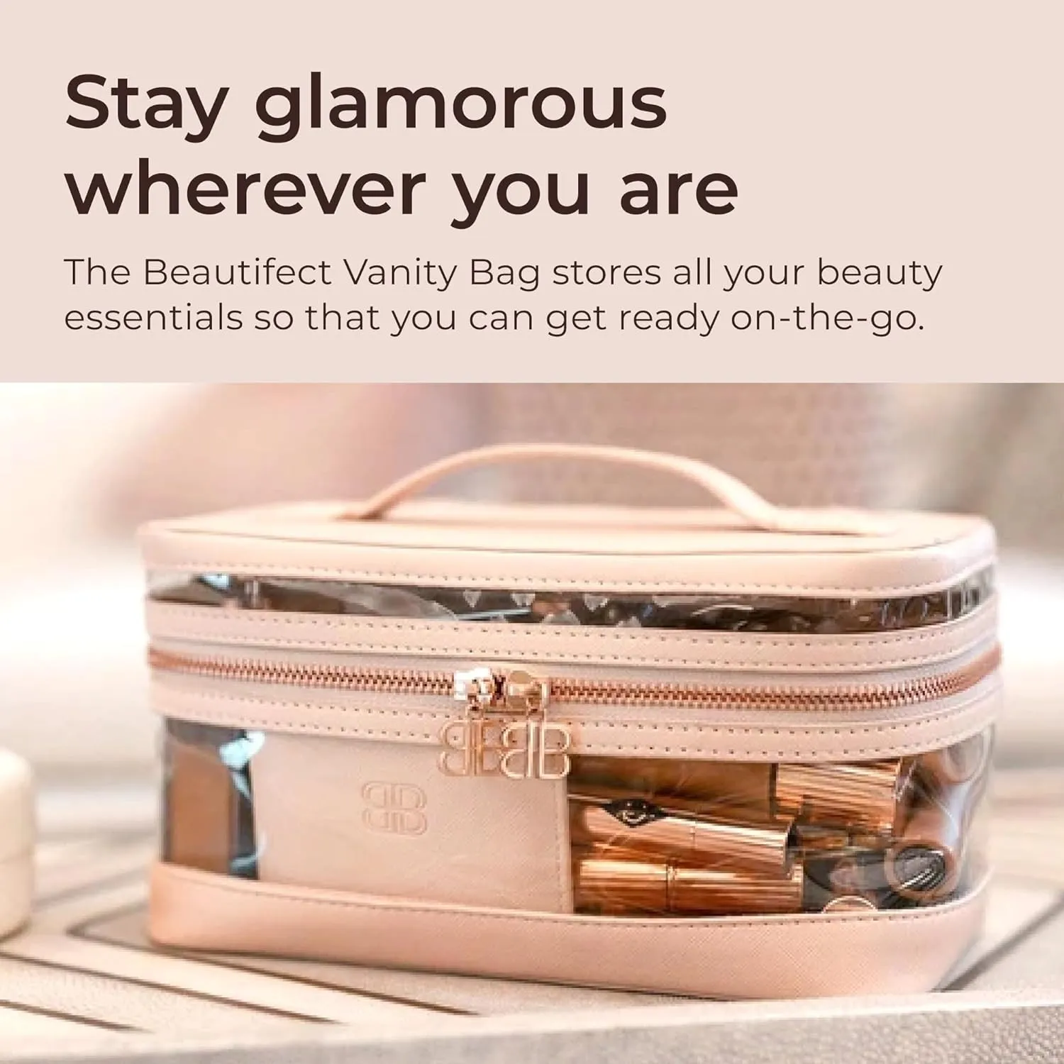 Vanity Bag - Clear Toiletry Bag With Vegan Leather Exterior & Faux Suede Lining - Clear Travel Bag for Beauty Tools & Essentials