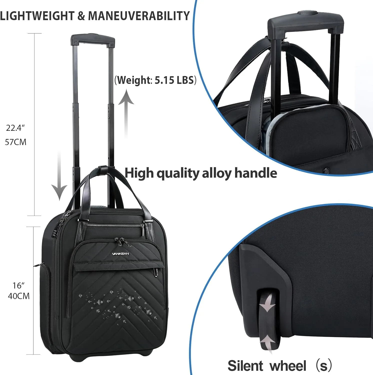 VANKEAN Carry On Underseat 16-inch Multi-functional Underseater Lightweight Overnight Suitcase with Wheels Roller Case for Women Men Travel Business, Black
