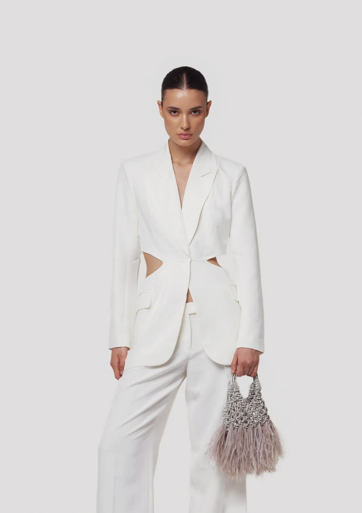 Vannifique Mini Plumed Crystal-Studded Woven Handbag