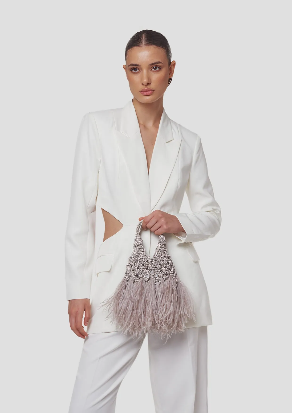 Vannifique Mini Plumed Crystal-Studded Woven Handbag