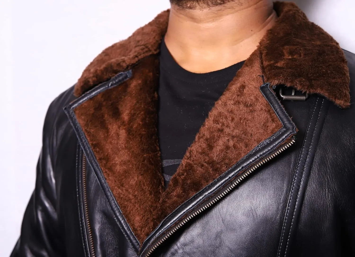 VearFit Men Starduck Shearling flying aviator Black Real Leather Jacket Designer Look