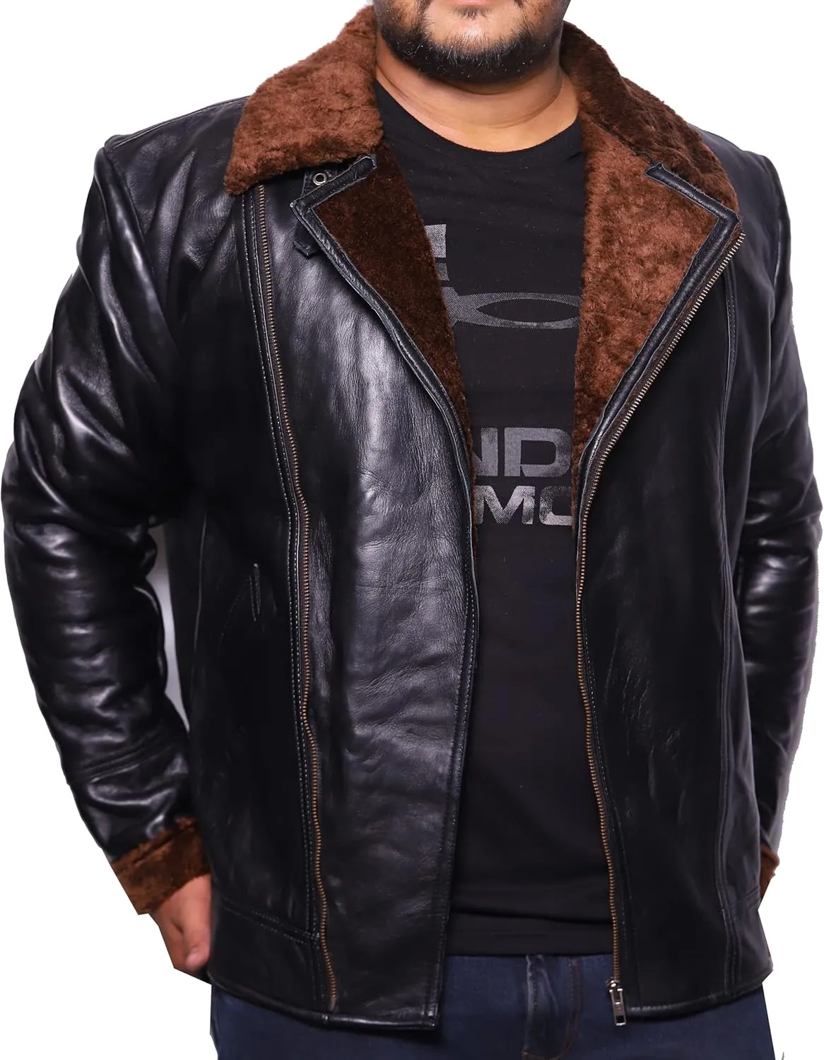 VearFit Men Starduck Shearling flying aviator Black Real Leather Jacket Designer Look