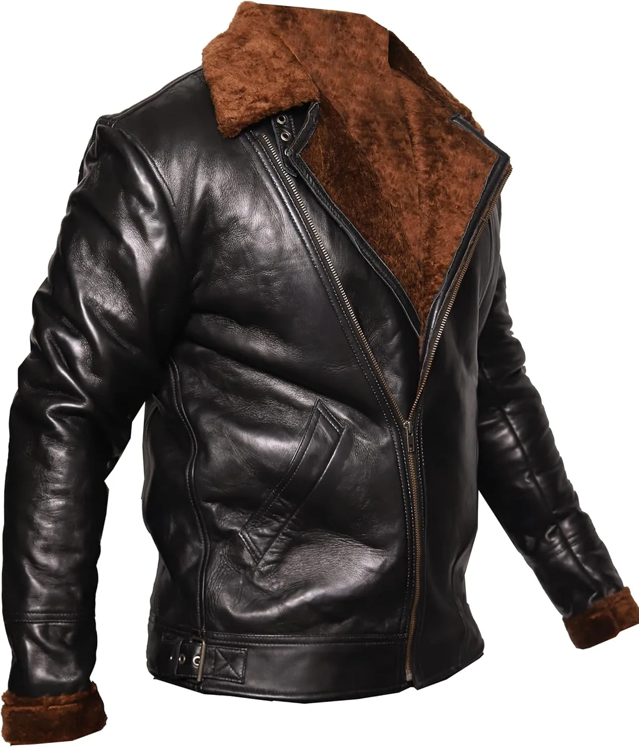 VearFit Men Starduck Shearling flying aviator Black Real Leather Jacket Designer Look