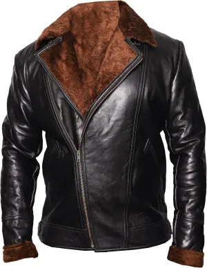 VearFit Men Starduck Shearling flying aviator Black Real Leather Jacket Designer Look