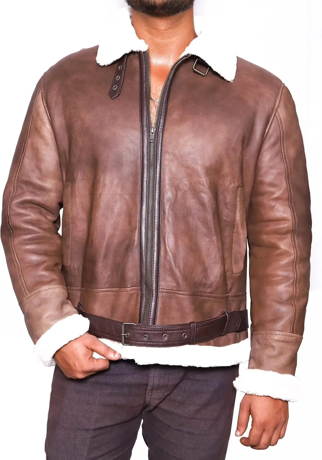 VearFit Vintage Shearling flying aviator Jet Brown Designer Real Leather Jacket For men