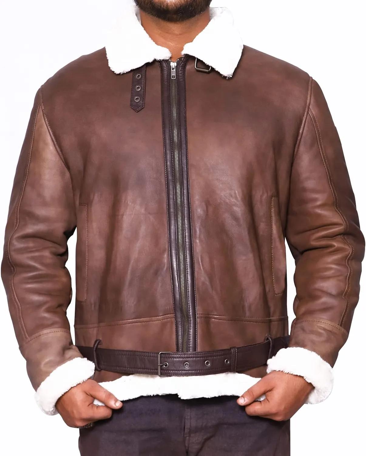 VearFit Vintage Shearling flying aviator Jet Brown Designer Real Leather Jacket For men