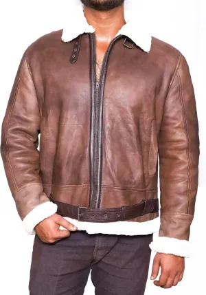 VearFit Vintage Shearling flying aviator Jet Brown Designer Real Leather Jacket For men