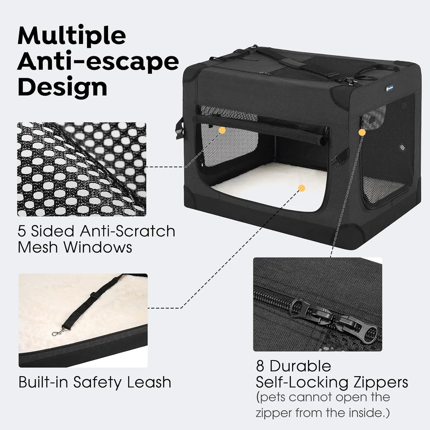 Veehoo 30 inch Folding Soft Dog Crate, 4-Door Portable Collapsible Pet Kennel Travel Dog Crate for Medium Dogs, 5 x Durable Mesh Screen, 600D Oxford Fabric, Indoor & Outdoor Use, Black, CWB2428CP