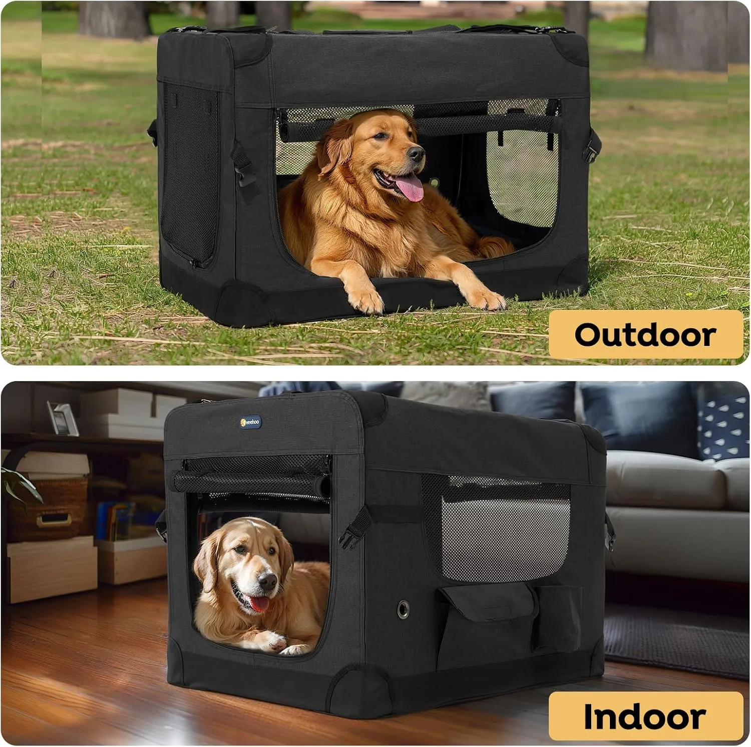 Veehoo 30 inch Folding Soft Dog Crate, 4-Door Portable Collapsible Pet Kennel Travel Dog Crate for Medium Dogs, 5 x Durable Mesh Screen, 600D Oxford Fabric, Indoor & Outdoor Use, Black, CWB2428CP