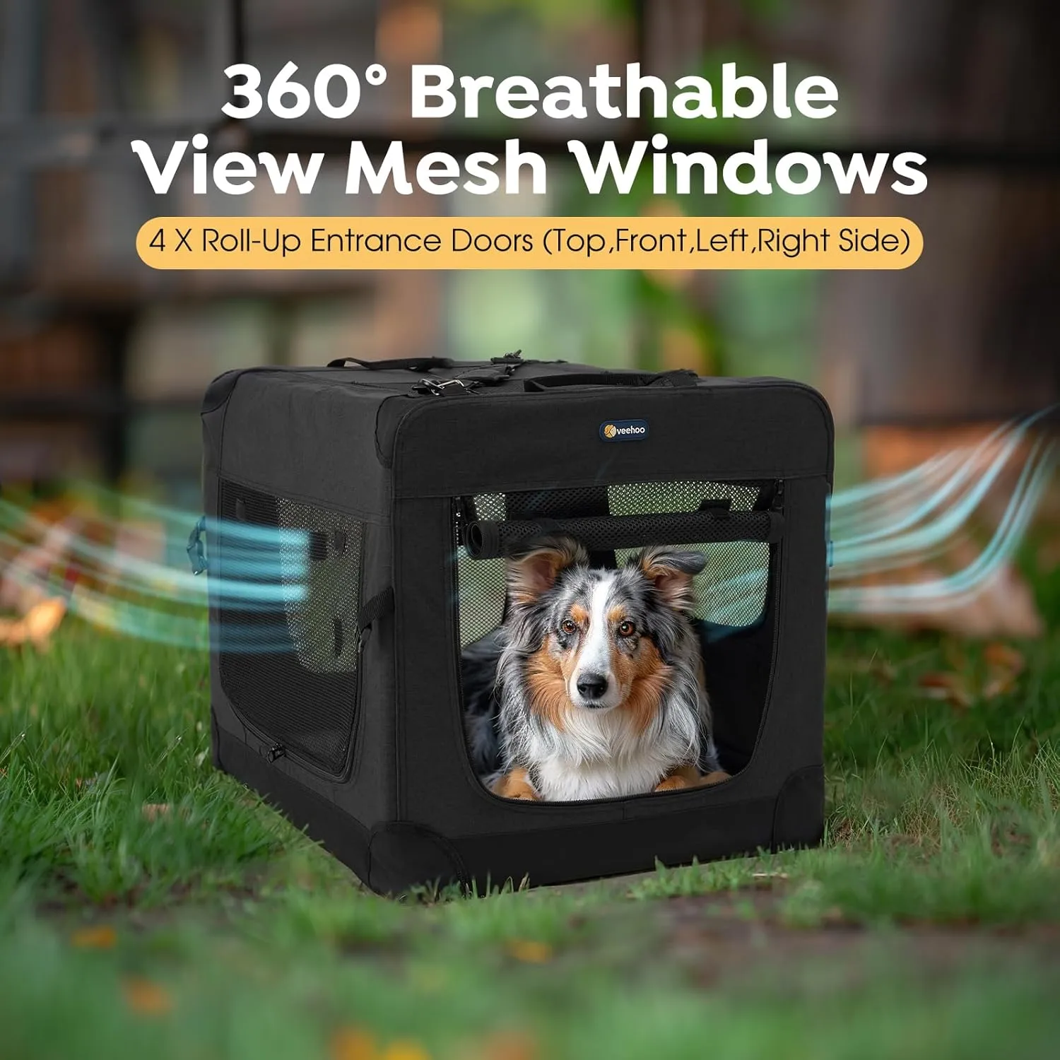 Veehoo 30 inch Folding Soft Dog Crate, 4-Door Portable Collapsible Pet Kennel Travel Dog Crate for Medium Dogs, 5 x Durable Mesh Screen, 600D Oxford Fabric, Indoor & Outdoor Use, Black, CWB2428CP