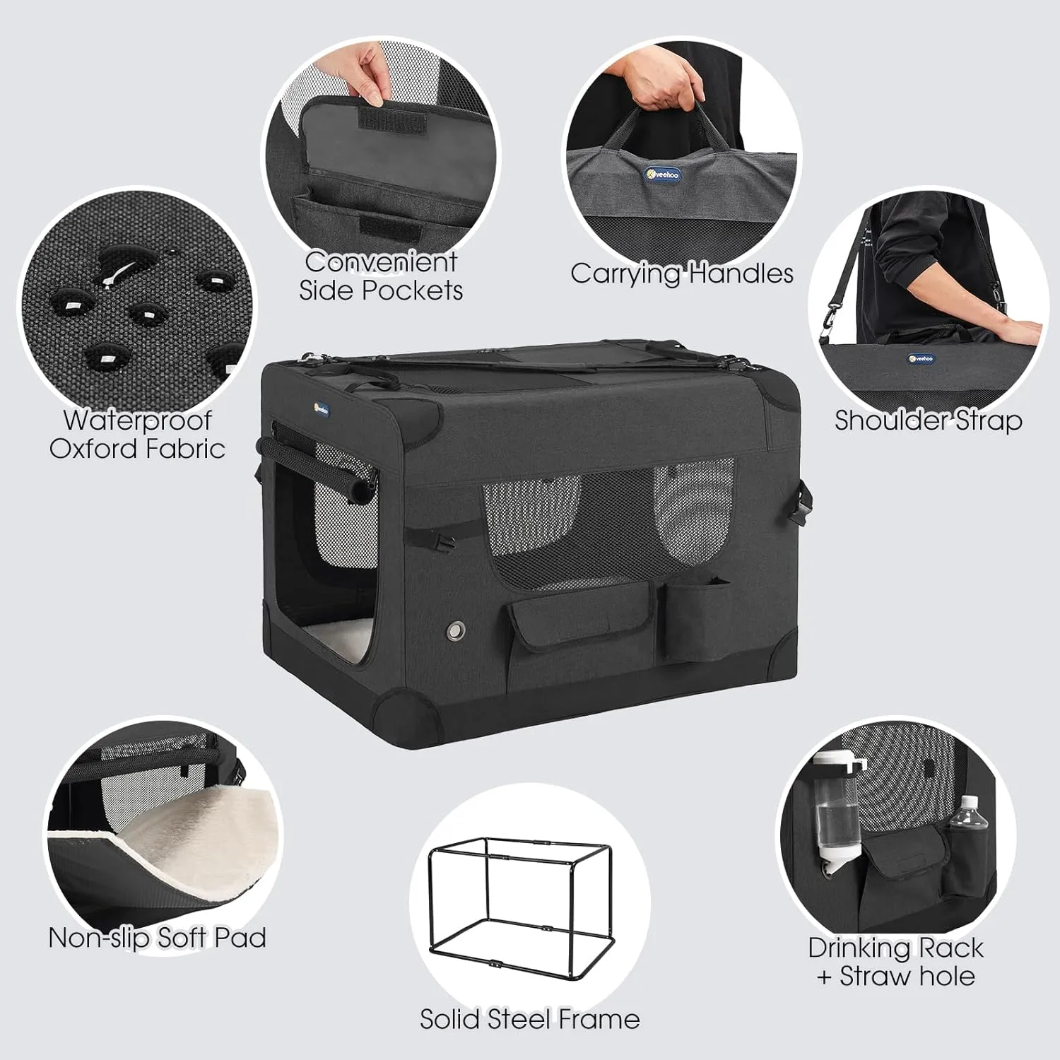 Veehoo 30 inch Folding Soft Dog Crate, 4-Door Portable Collapsible Pet Kennel Travel Dog Crate for Medium Dogs, 5 x Durable Mesh Screen, 600D Oxford Fabric, Indoor & Outdoor Use, Black, CWB2428CP