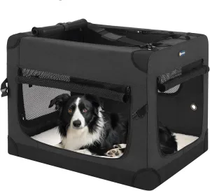 Veehoo 30 inch Folding Soft Dog Crate, 4-Door Portable Collapsible Pet Kennel Travel Dog Crate for Medium Dogs, 5 x Durable Mesh Screen, 600D Oxford Fabric, Indoor & Outdoor Use, Black, CWB2428CP