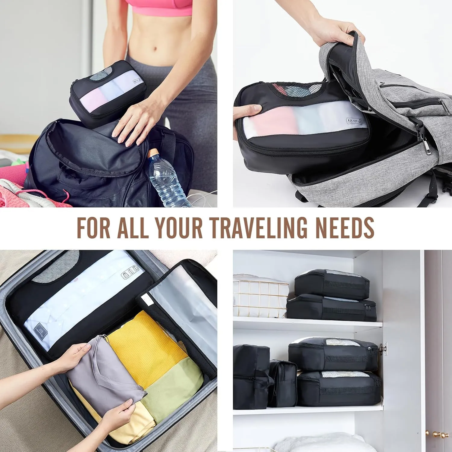 Veken 8 Set Packing Cubes for Travel Essentials, Suitcase Organizer Bags Set for Luggage, Road Trip Travel Accessories in 4 Sizes (Extra Large, Large, Medium, Small), Black