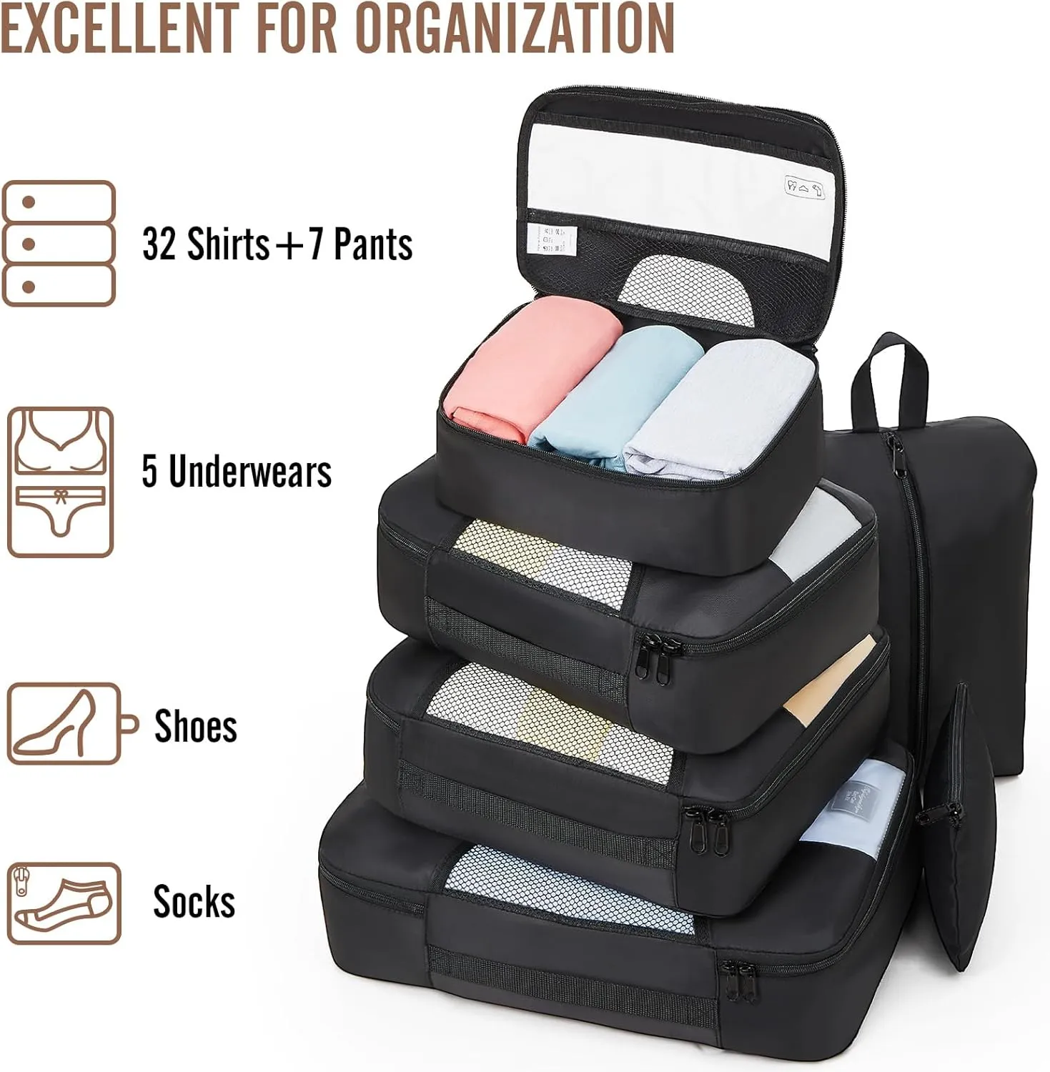 Veken 8 Set Packing Cubes for Travel Essentials, Suitcase Organizer Bags Set for Luggage, Road Trip Travel Accessories in 4 Sizes (Extra Large, Large, Medium, Small), Black