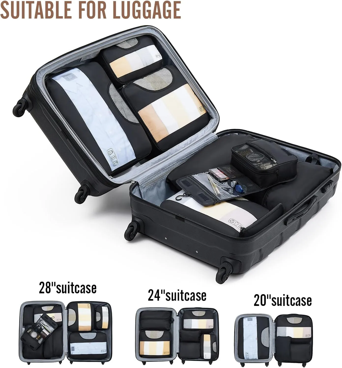 Veken 8 Set Packing Cubes for Travel Essentials, Suitcase Organizer Bags Set for Luggage, Road Trip Travel Accessories in 4 Sizes (Extra Large, Large, Medium, Small), Black