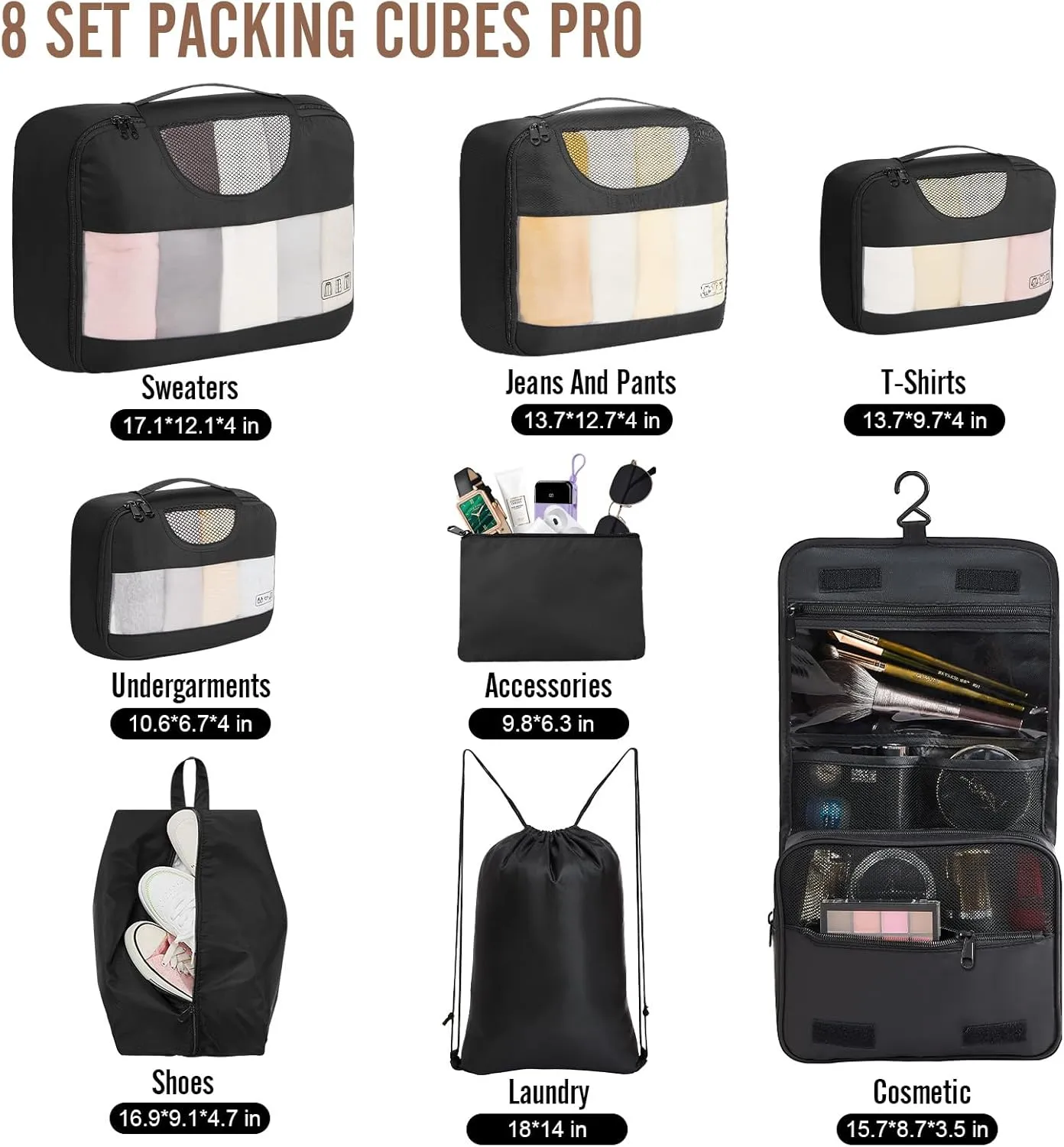 Veken 8 Set Packing Cubes for Travel Essentials, Suitcase Organizer Bags Set for Luggage, Road Trip Travel Accessories in 4 Sizes (Extra Large, Large, Medium, Small), Black