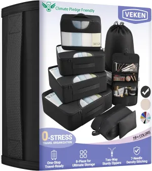 Veken 8 Set Packing Cubes for Travel Essentials, Suitcase Organizer Bags Set for Luggage, Road Trip Travel Accessories in 4 Sizes (Extra Large, Large, Medium, Small), Black