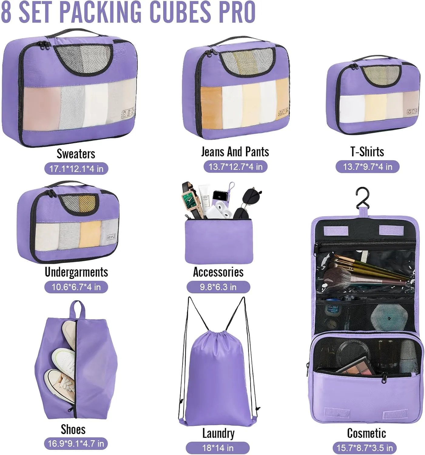 Veken 8 Set Packing Cubes for Travel Essentials, Suitcase Organizer Bags Set for Luggage, Road Trip Travel Accessories in 4 Sizes (Extra Large, Large, Medium, Small), Purple