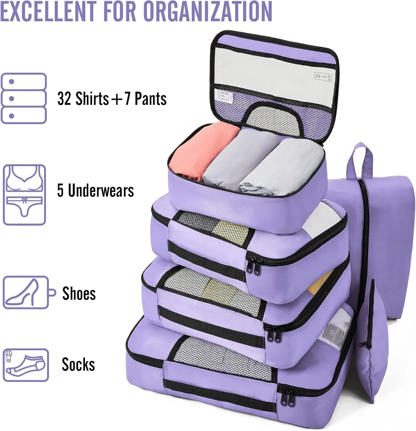 Veken 8 Set Packing Cubes for Travel Essentials, Suitcase Organizer Bags Set for Luggage, Road Trip Travel Accessories in 4 Sizes (Extra Large, Large, Medium, Small), Purple
