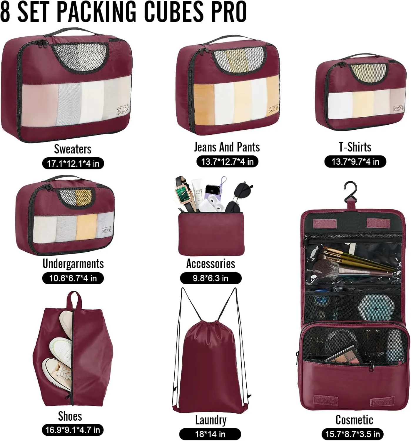 Veken 8 Set Packing Cubes for Travel Essentials, Suitcase Organizer Bags Set for Luggage, Road Trip Travel Accessories in 4 Sizes (Extra Large, Large, Medium, Small)