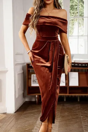 Velvet Off-Shoulder Pleated Evening Gown