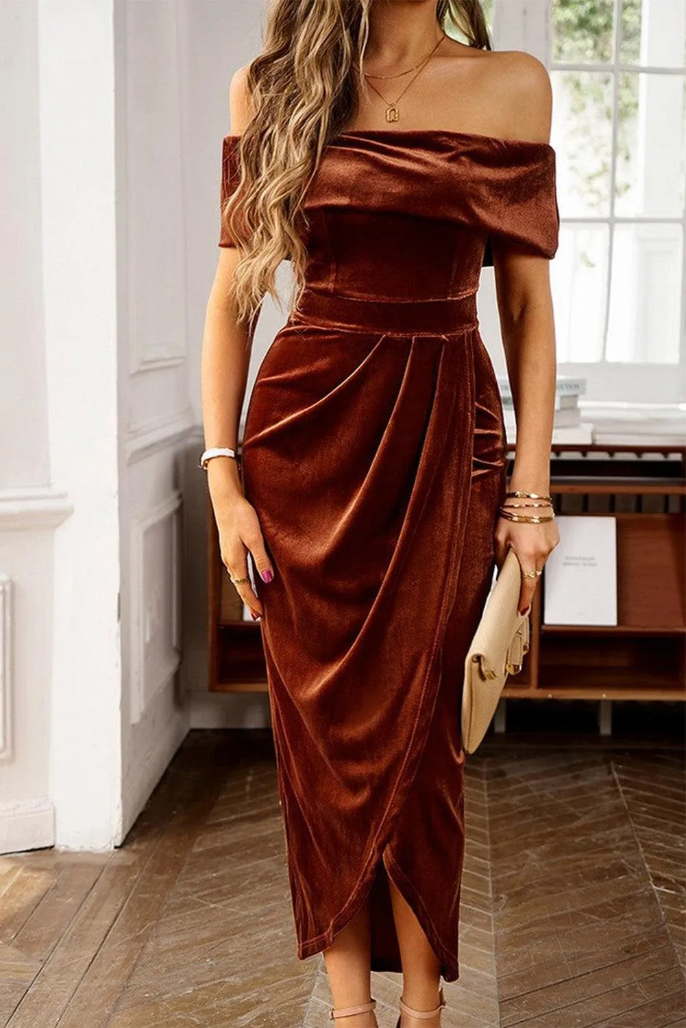 Velvet Off-Shoulder Pleated Evening Gown