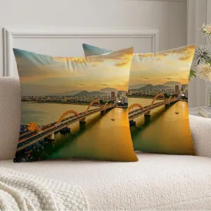 Velvet Pillow Covers 18x18 Pack of 2 Han Ba Ly Scenic Hai Ngu Da Nang Vietnam View CAU Dragon Danang Son Bridge Urban Sunset Design Na Decorative Throw Pillow Cover for Couch, Bed, and Home Decor