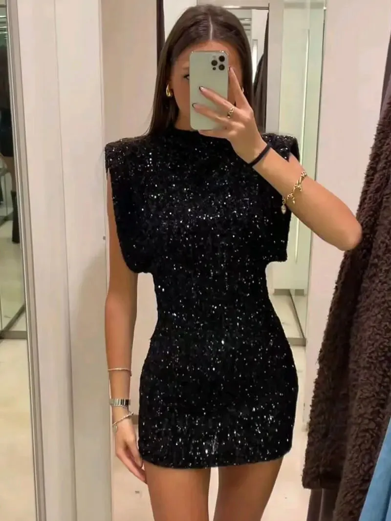 Velvet Sequin Mini Dress with Padded Shoulders
