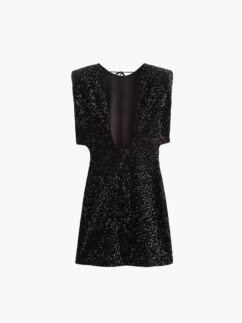 Velvet Sequin Mini Dress with Padded Shoulders