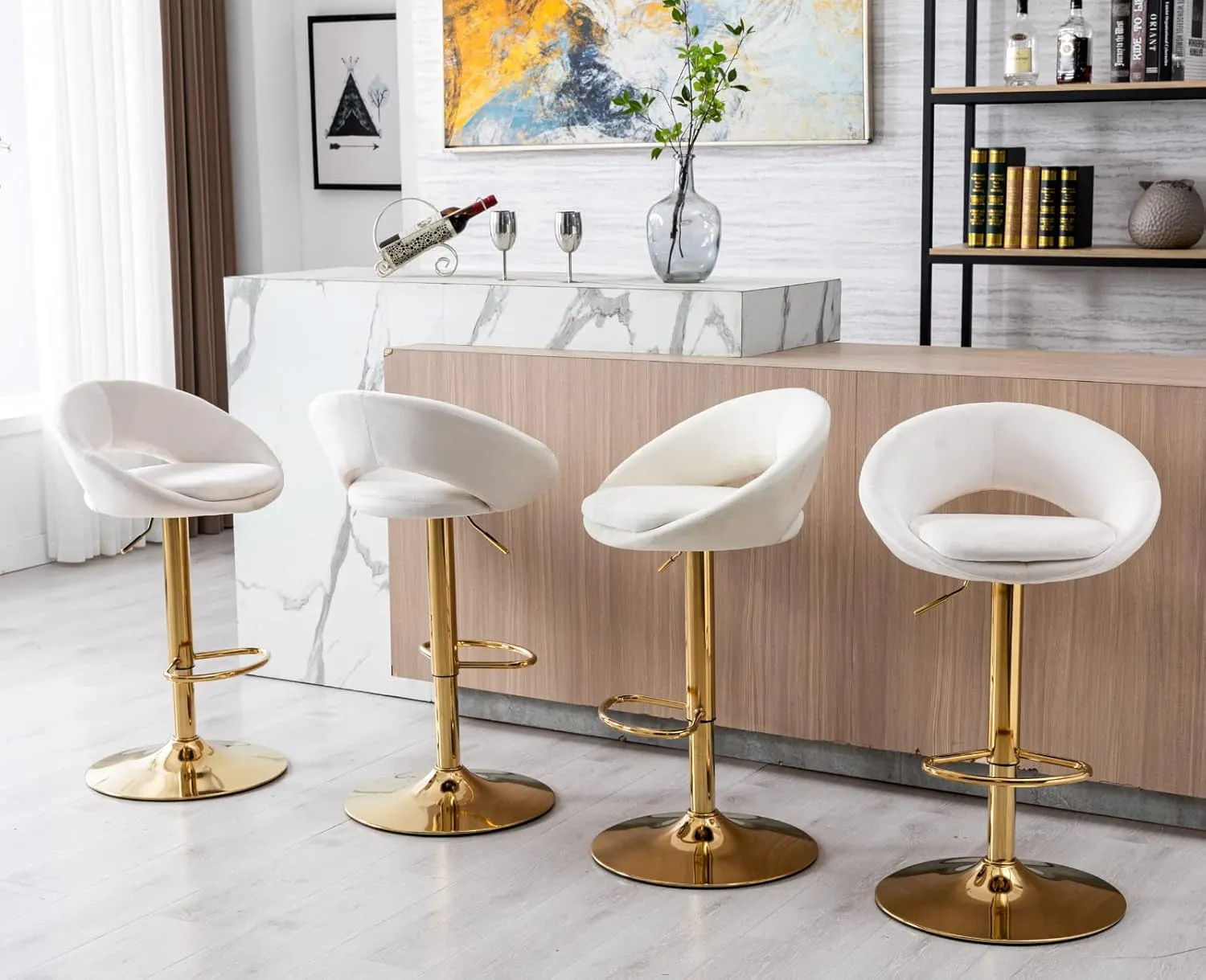Velvet Swivel Bar Stools Set of 4 with Open Back, Upholstered Adjustable Bar Height Bartools Modern Counter Height Barstools Island Chairs with Gold Legs for Kitchen/Home Bar/Pub, Beige