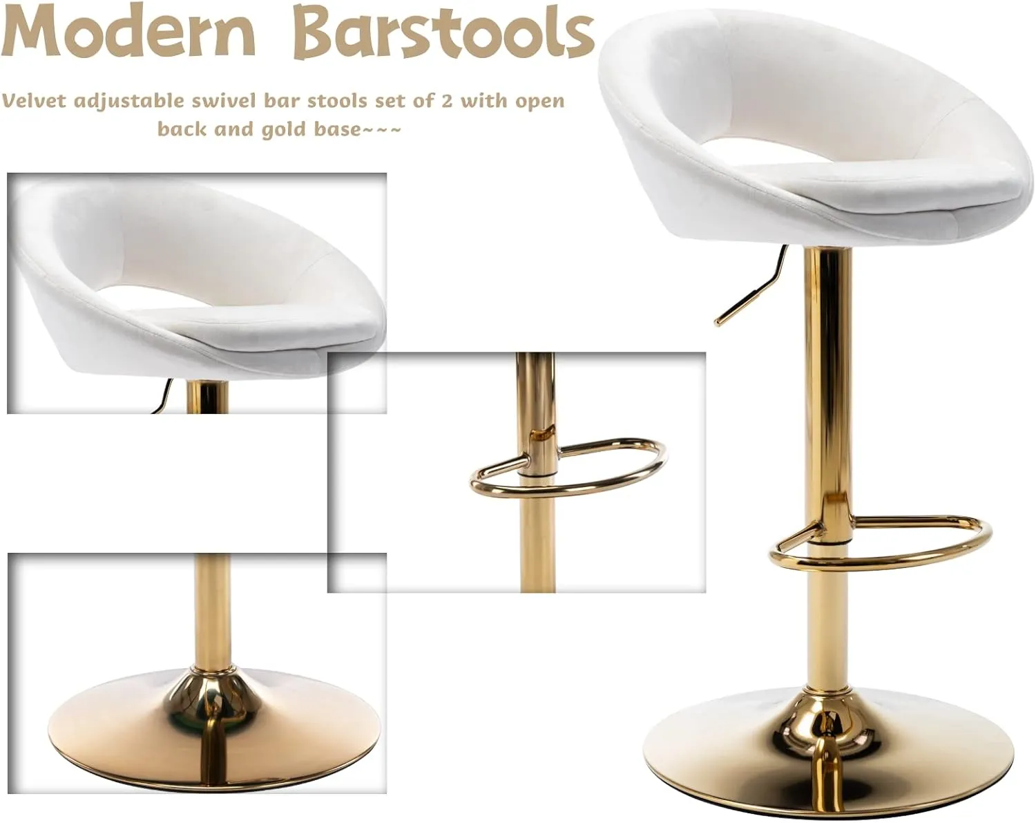 Velvet Swivel Bar Stools Set of 4 with Open Back, Upholstered Adjustable Bar Height Bartools Modern Counter Height Barstools Island Chairs with Gold Legs for Kitchen/Home Bar/Pub, Beige