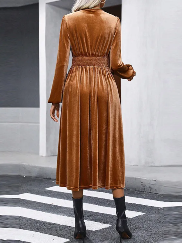 Velvet V-Neck Long Midi Dress with Pleated High-Waist Design
