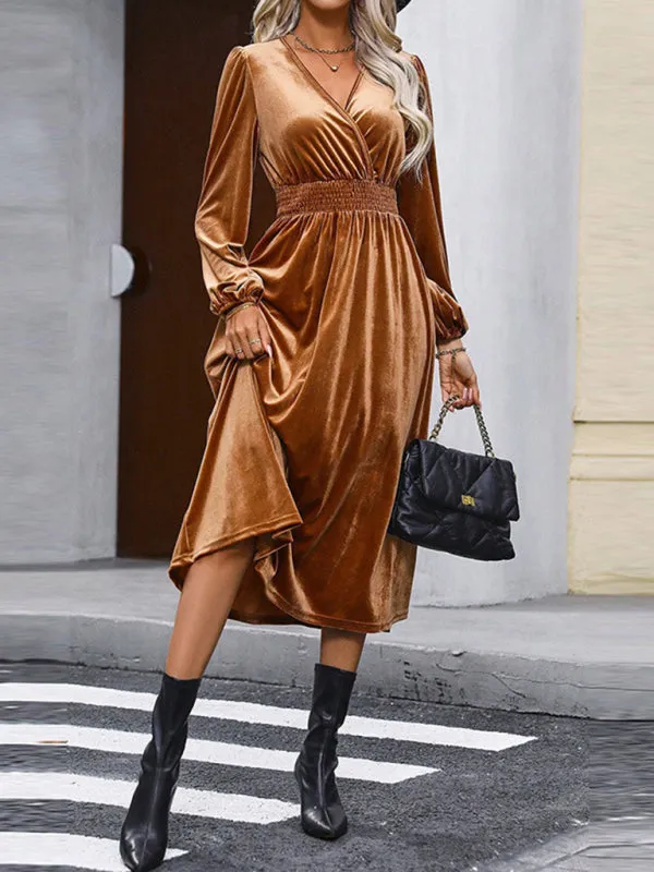 Velvet V-Neck Long Midi Dress with Pleated High-Waist Design
