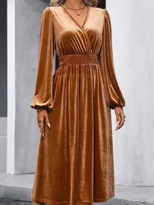 Velvet V-Neck Long Midi Dress with Pleated High-Waist Design