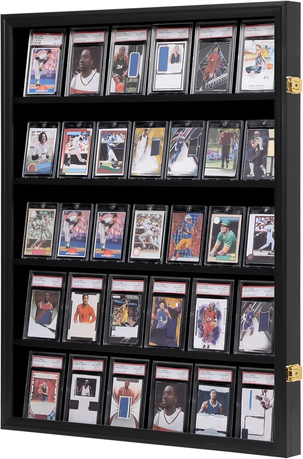 VERANI Baseball Card Display Case - 35 Graded Sports Card Display Frame - Holds Sport Cards with UV Protection Clear View Lockable Wall Cabinet for Football Basketball Hockey Trading Card, Large Black