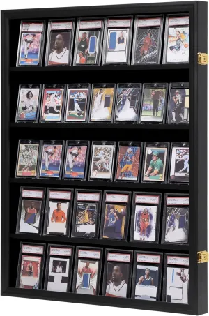 VERANI Baseball Card Display Case - 35 Graded Sports Card Display Frame - Holds Sport Cards with UV Protection Clear View Lockable Wall Cabinet for Football Basketball Hockey Trading Card, Large Black